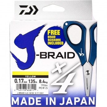 Шнур DAIWA J-Braid X4E-W/SC 0,17мм 135м желтый + ножницы Шнур DAIWA J-Braid X4E-W/SC 0,17мм 135м желтый + ножницы